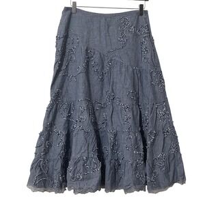 NY Collection Tiered Embroidered Midi Skirt  Size 6  Boho Casual Blue Lace‎ Trim